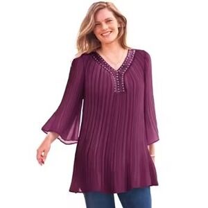 Women Within Tunic Top Size‎ L 18/20 Burgundy Beaded V Neck  Shirt Flare